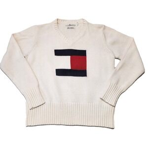 Vtg Tommy Hilfiger Knit  Flag Sweater  Block Logo Size XL